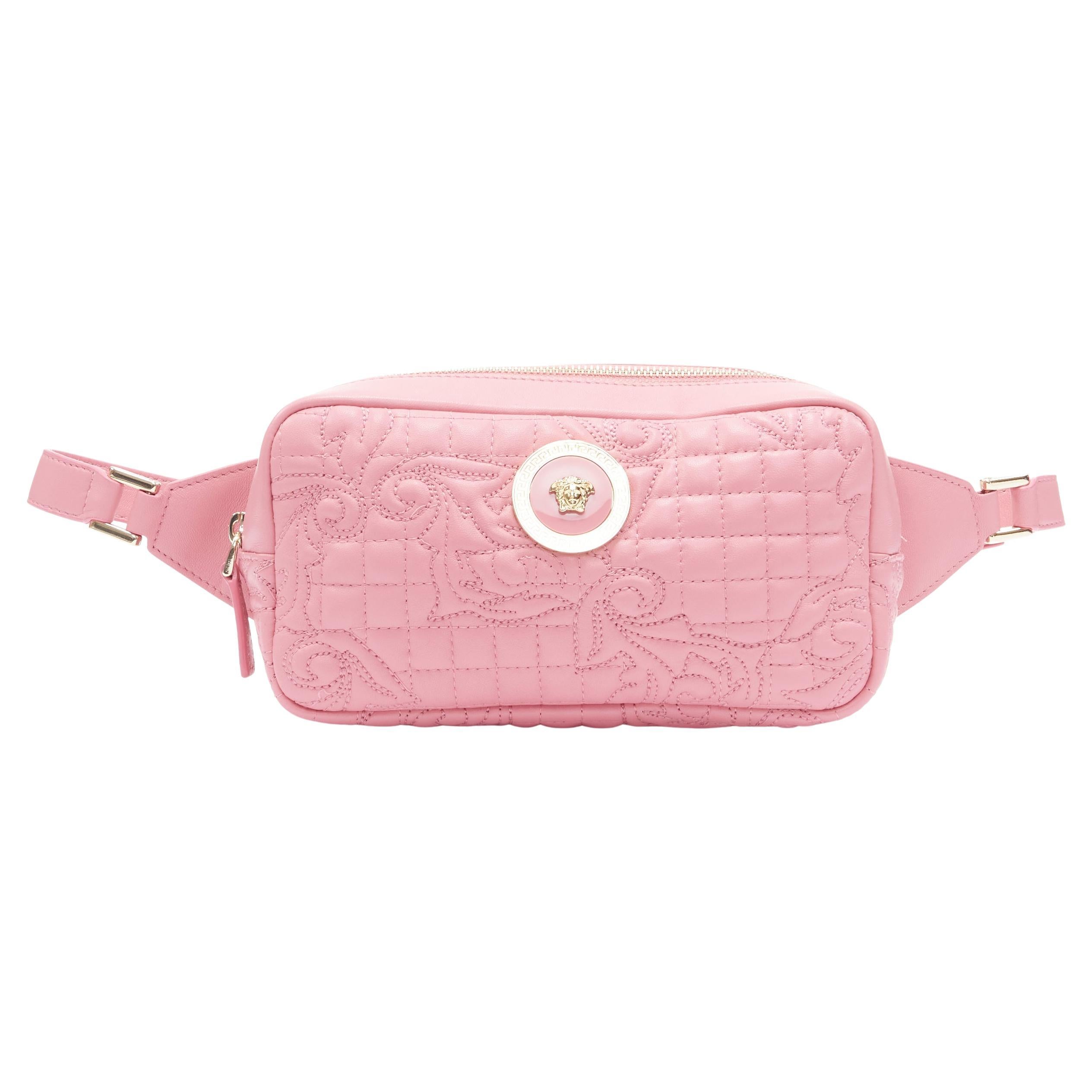 new VERSACE Vanitas baroque quilted pink leather gold Medusa crossbody waist bag For Sale