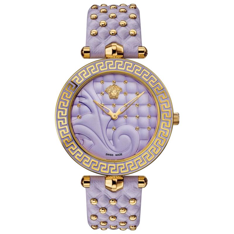 new VERSACE Vanitas gold plated Greca purple studded leather strap ladies watch