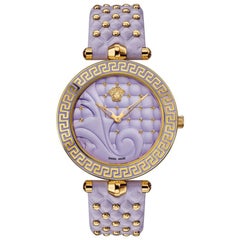 nouveau VERSACE Montre pour dames Vanitas Greca en plaqué or:: bracelet cuir clouté violet