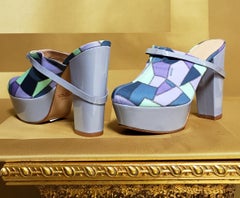 New VERSACE VERSUS LILAC PATENT LEATHER MOSAIC PRINT PLATFORM SABOT SHOES 37 - 7