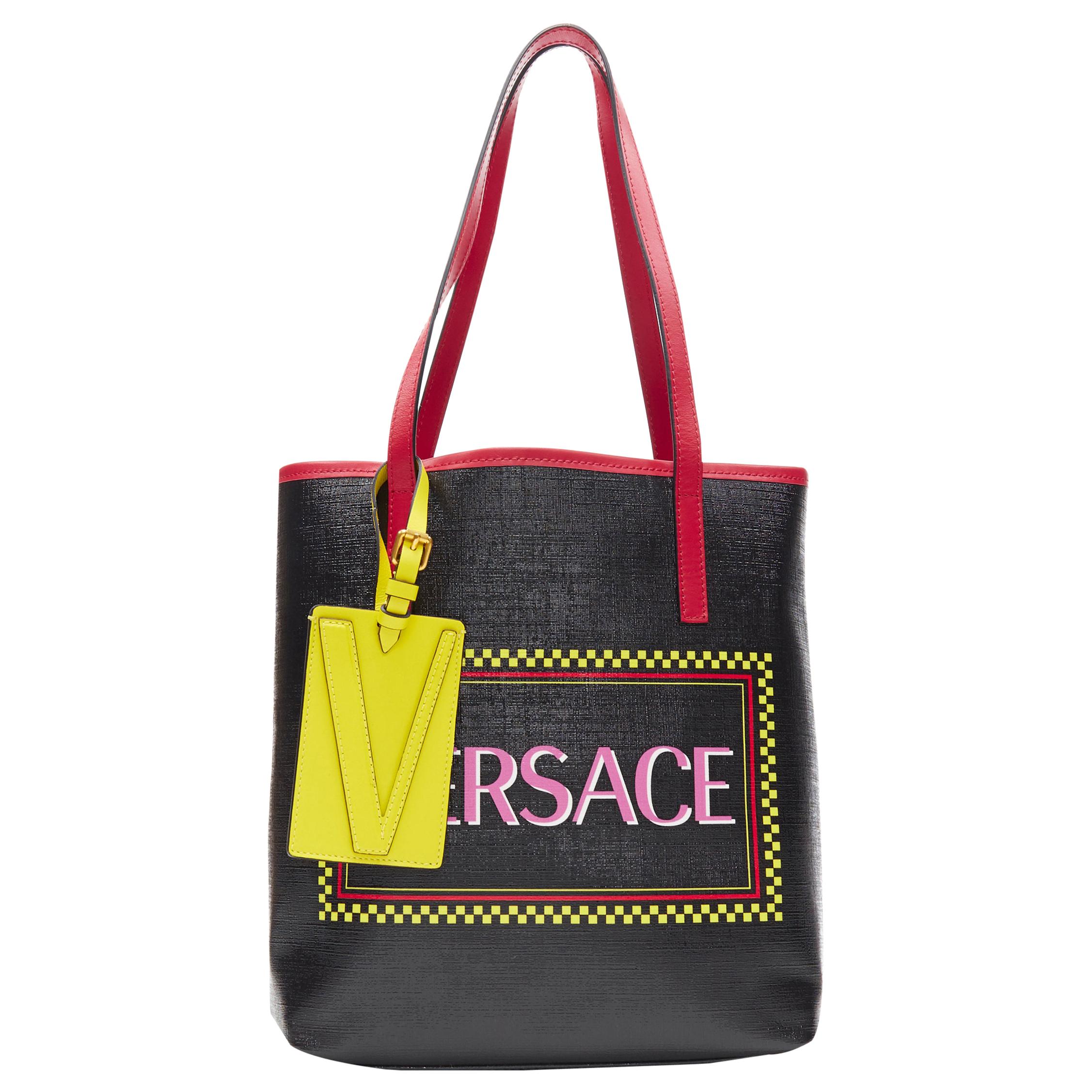 new VERSACE Vintage 90's logo print black leather yellow V tag small tote bag