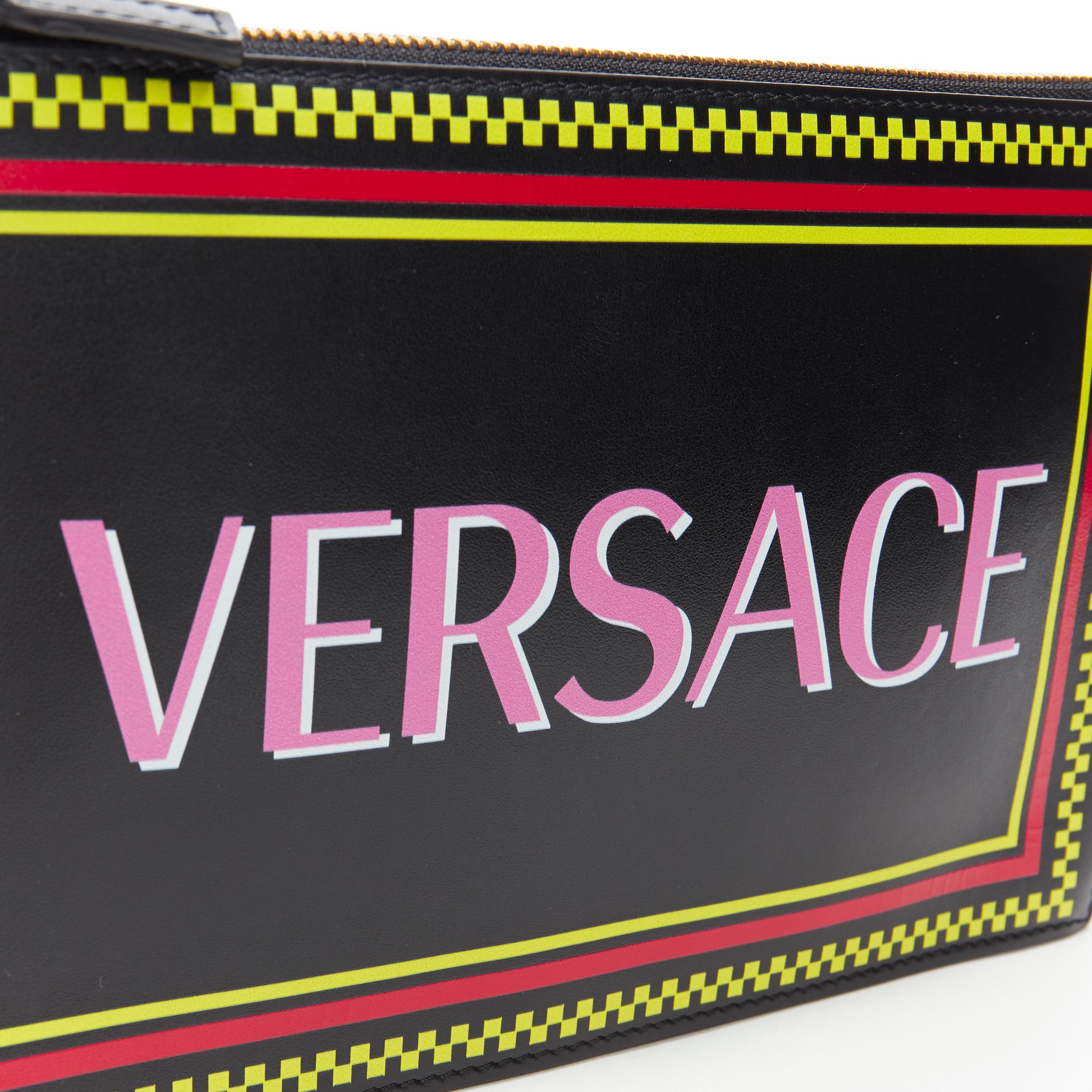 Women's new VERSACE Vintage logo print black leather zip wristlet clutch crossbody bag