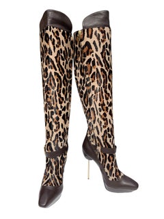 New Versace Vintage PF 2011 Over-the-Knee Cheetah Print Calf Leather Boots It 40