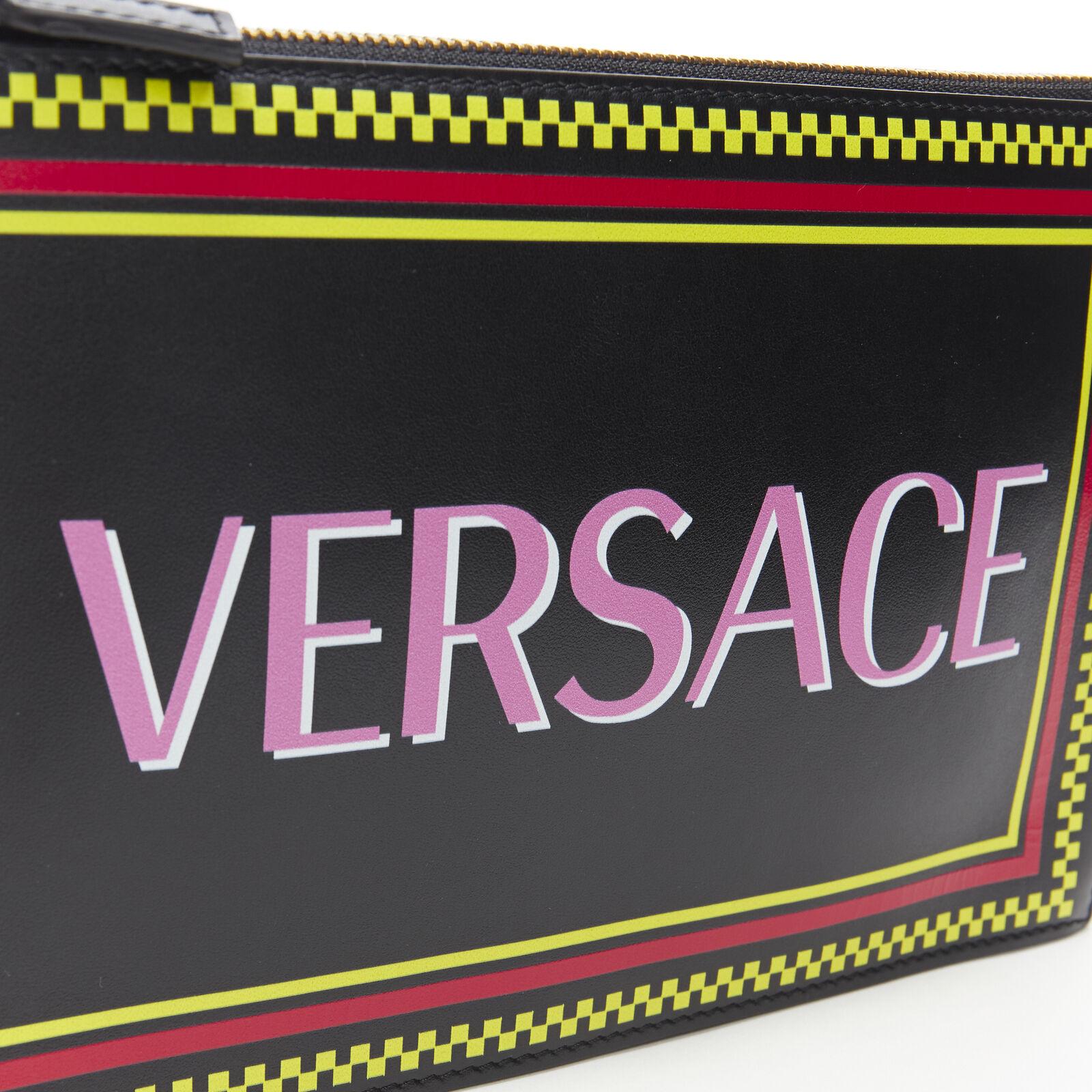 Women's new VERSACE vintage pink logo black calf zip pouch crossbody clutch bag