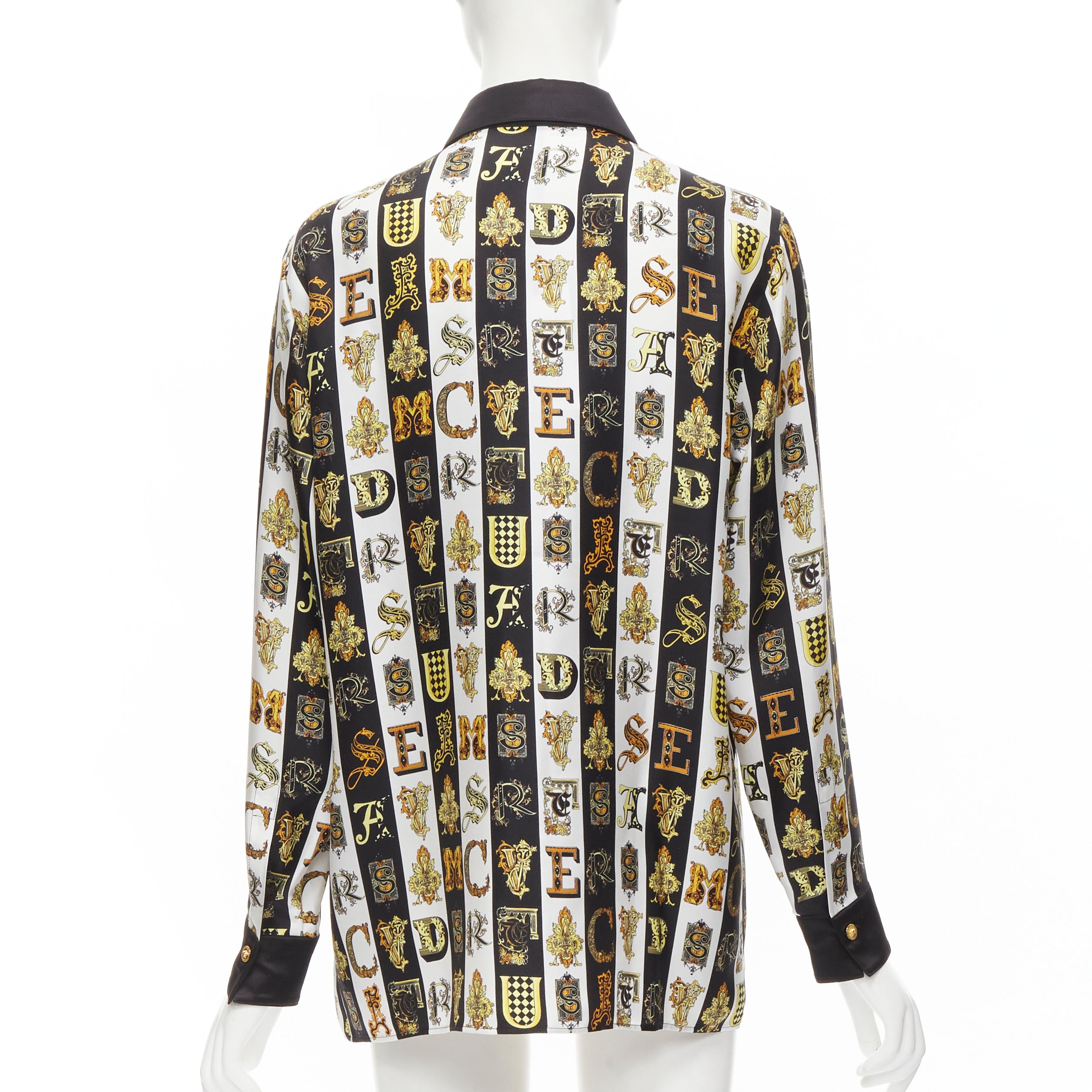 Beige new VERSACE Virtus Alphabet black gold Barocco Medusa button silk shirt IT38 XS For Sale