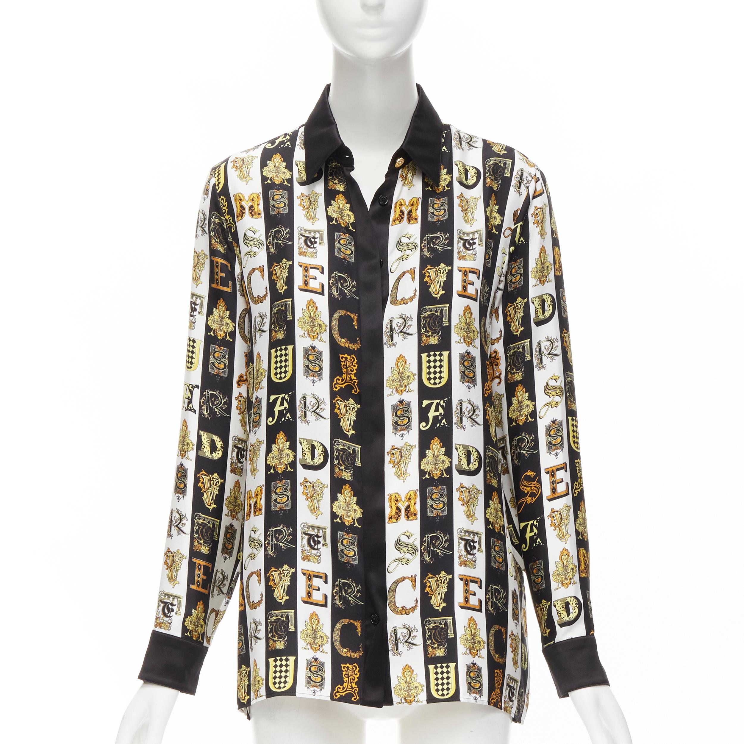 Beige new VERSACE Virtus Alphabet black gold Barocco Medusa button silk shirt IT42 M For Sale