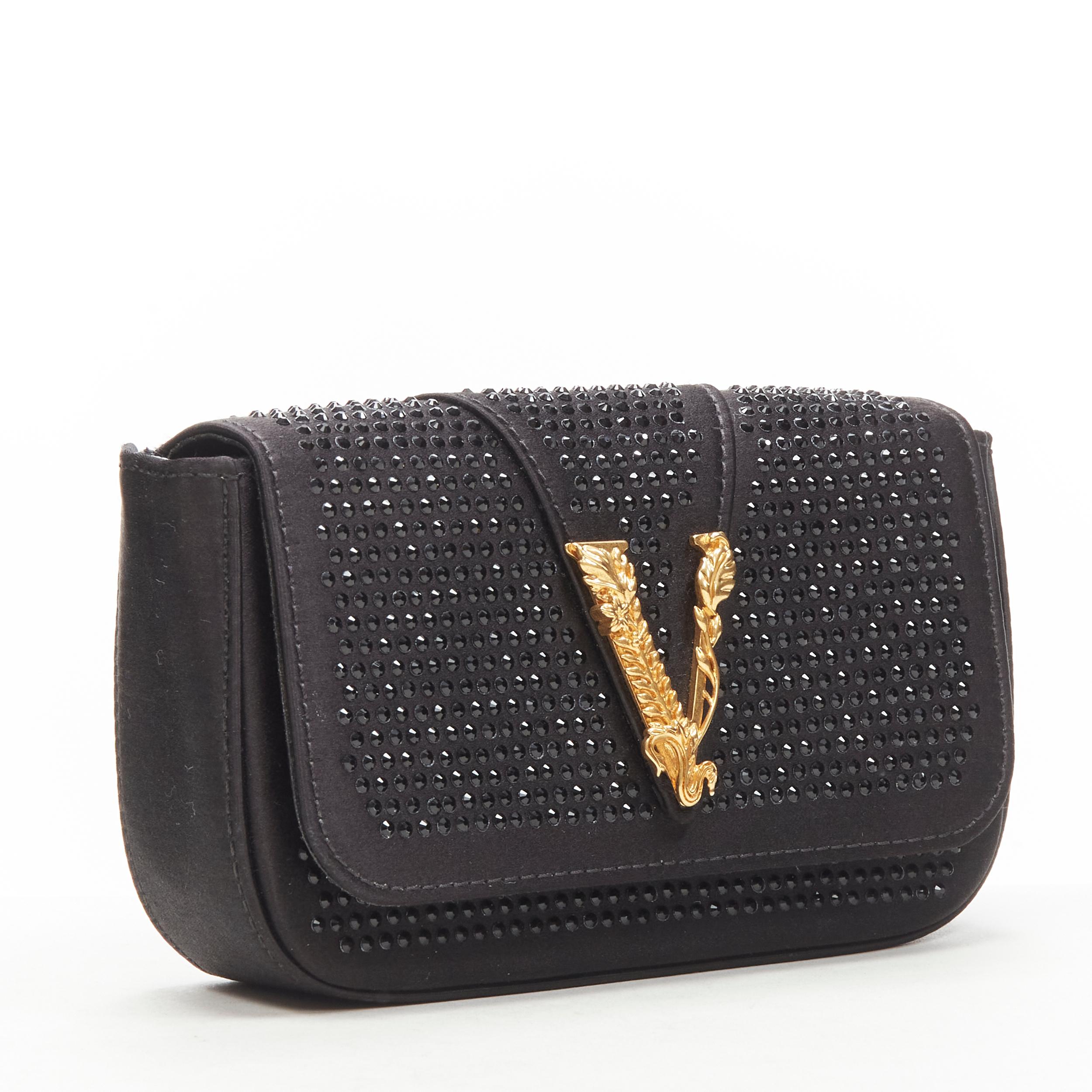 Black new VERSACE Virtus Barocco black crystal satin flap crossbody clutch bag For Sale