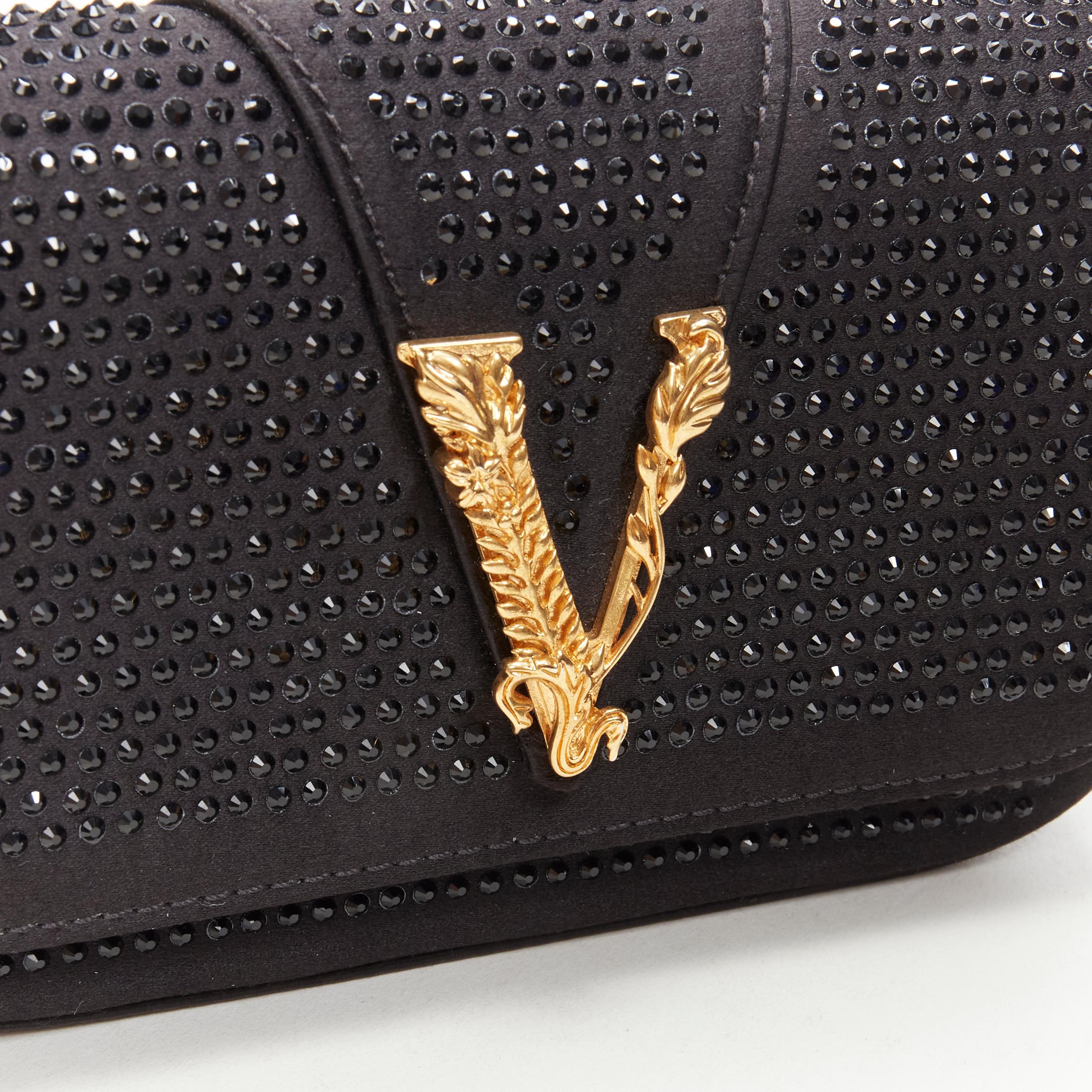 new VERSACE Virtus Barocco black crystal satin flap crossbody clutch bag For Sale 2