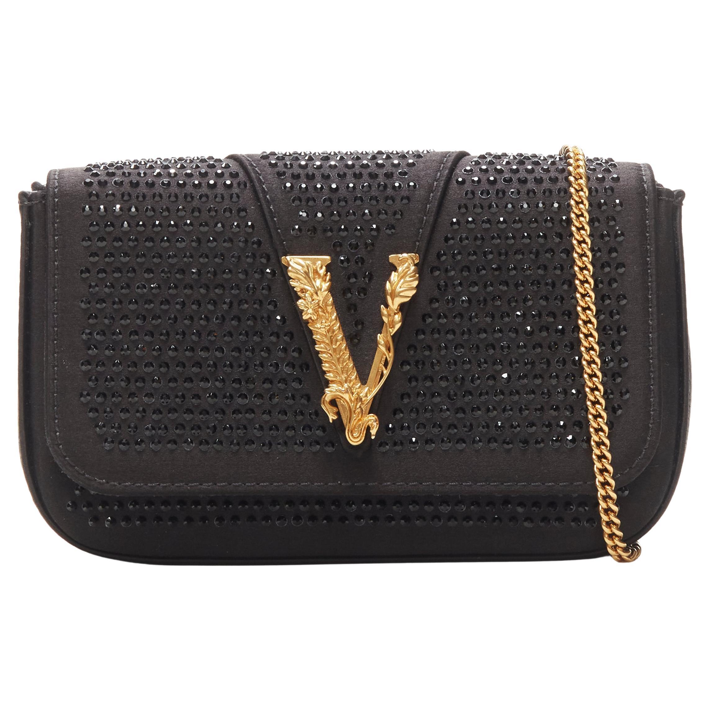 new VERSACE Virtus Barocco black crystal satin flap crossbody clutch bag For Sale