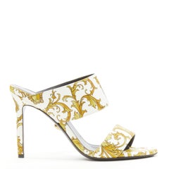 new VERSACE Virtus Barocco white gold print strappy mule heel EU37