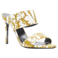 new VERSACE Virtus Barocco white gold print strappy mule heel EU37