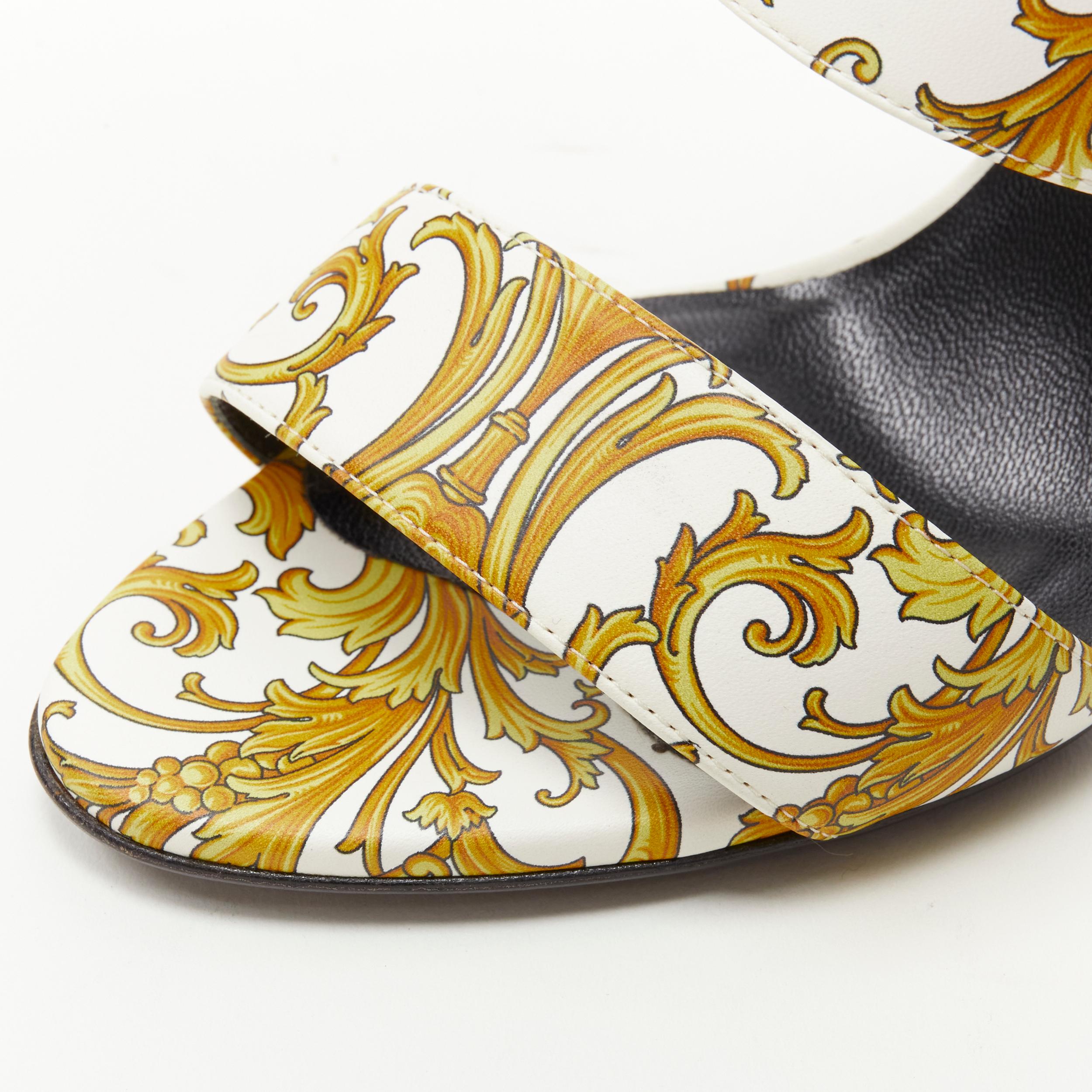 Women's new VERSACE Virtus Barocco white gold print strappy mule heel EU38