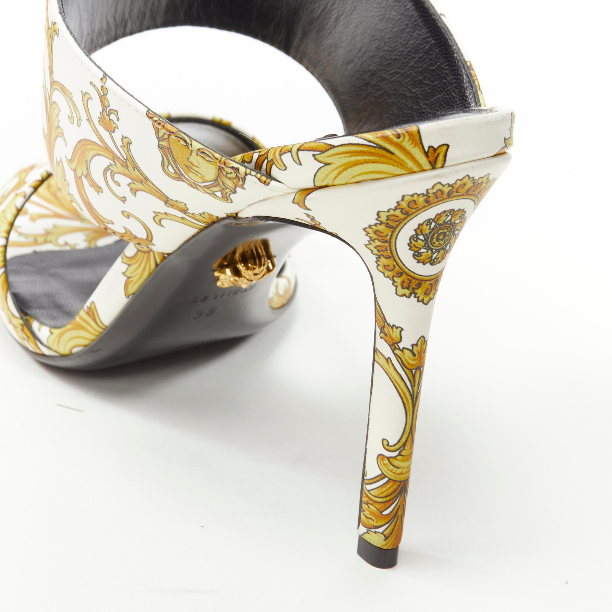 new VERSACE Virtus Barocco white gold print strappy mule heel EU38 1