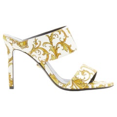 new VERSACE Virtus Barocco white gold print strappy mule heel EU38