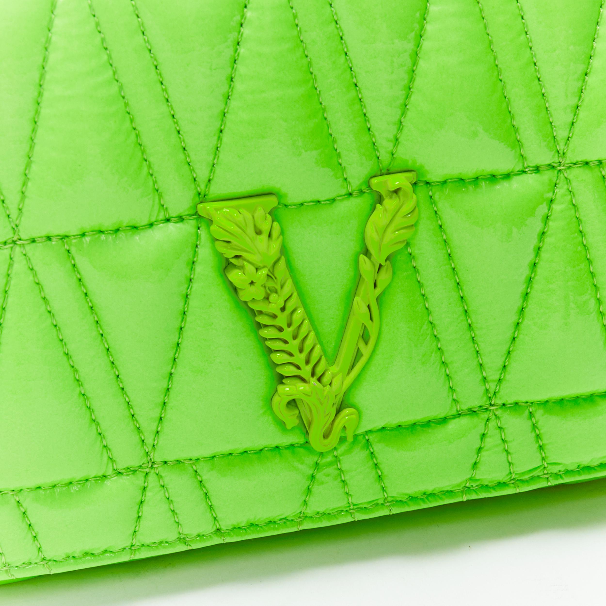 new VERSACE Virtus bright green V quilted patent leather crossbody flap bag For Sale 1