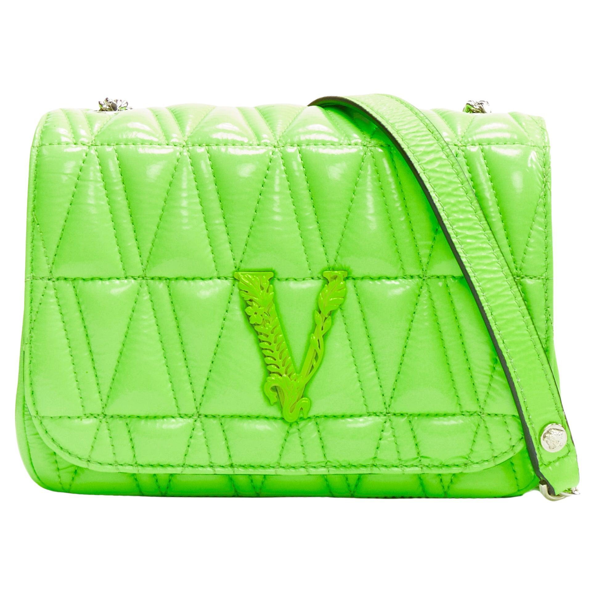 new VERSACE Virtus bright green V quilted patent leather crossbody flap bag For Sale