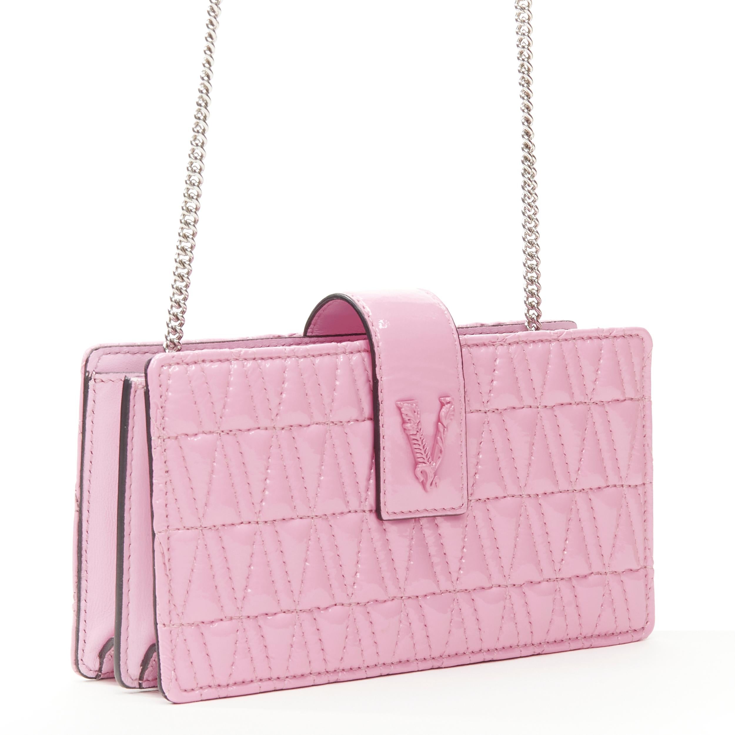 Pink new VERSACE Virtus pink patent leather Barocco V quilted crossbody chain bag