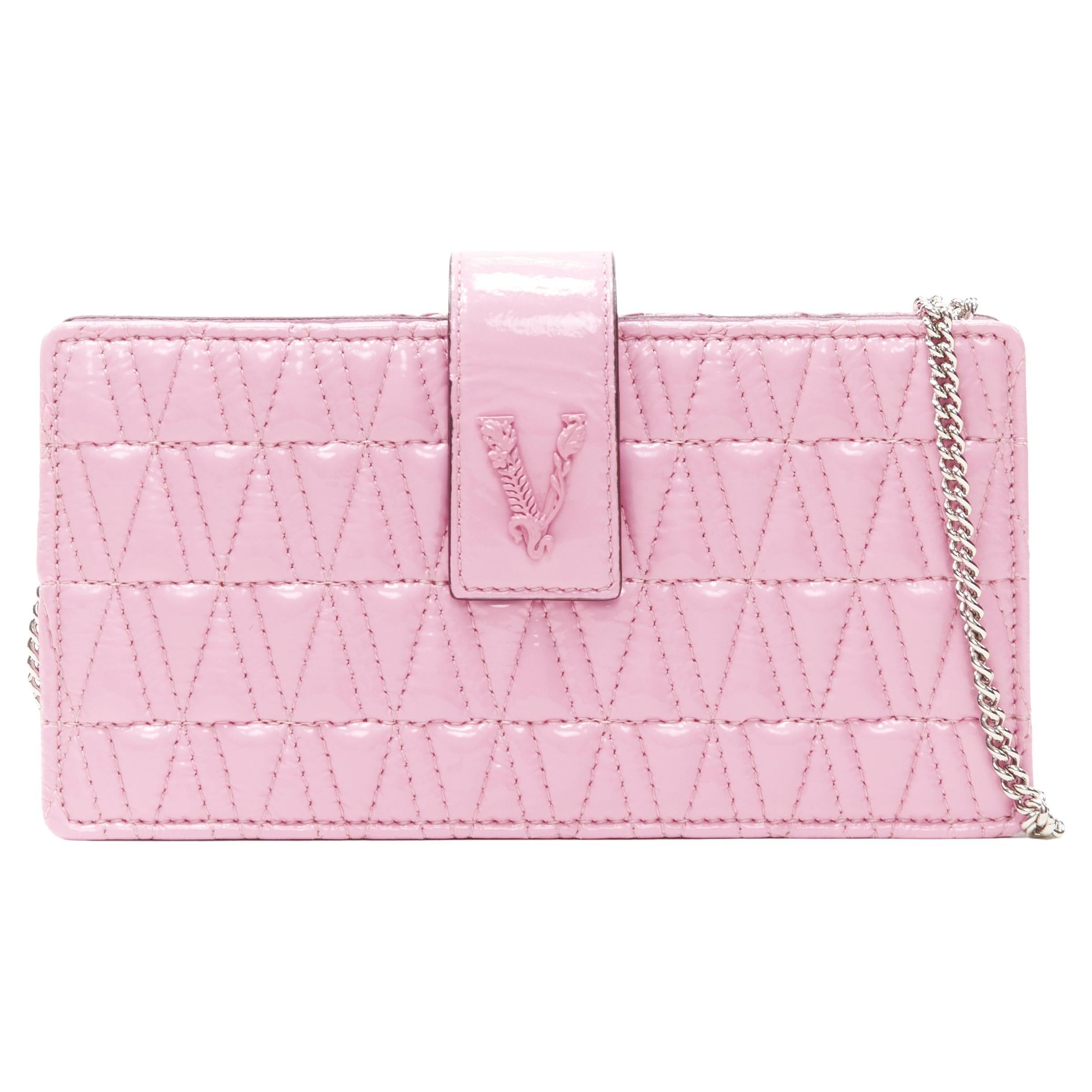 new VERSACE Virtus pink patent leather Barocco V quilted crossbody chain bag