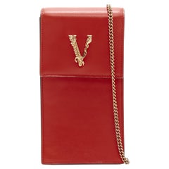 NEW $850 VERSACE Red Leather Gold Barocco V LOGO VIRTUS PHONE