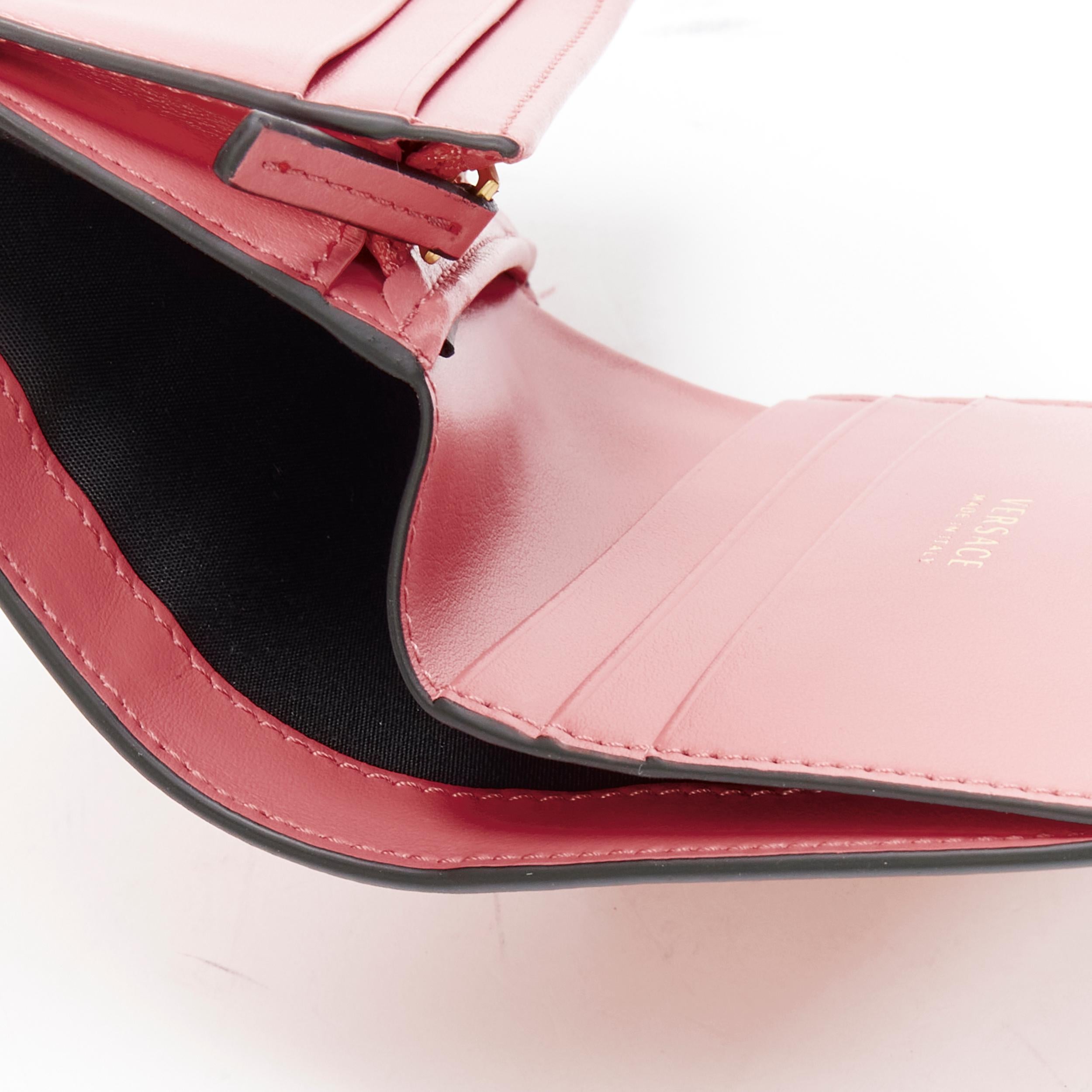 Women's new VERSACE Virtus V pink leather zip bi fold cardholder short wallet