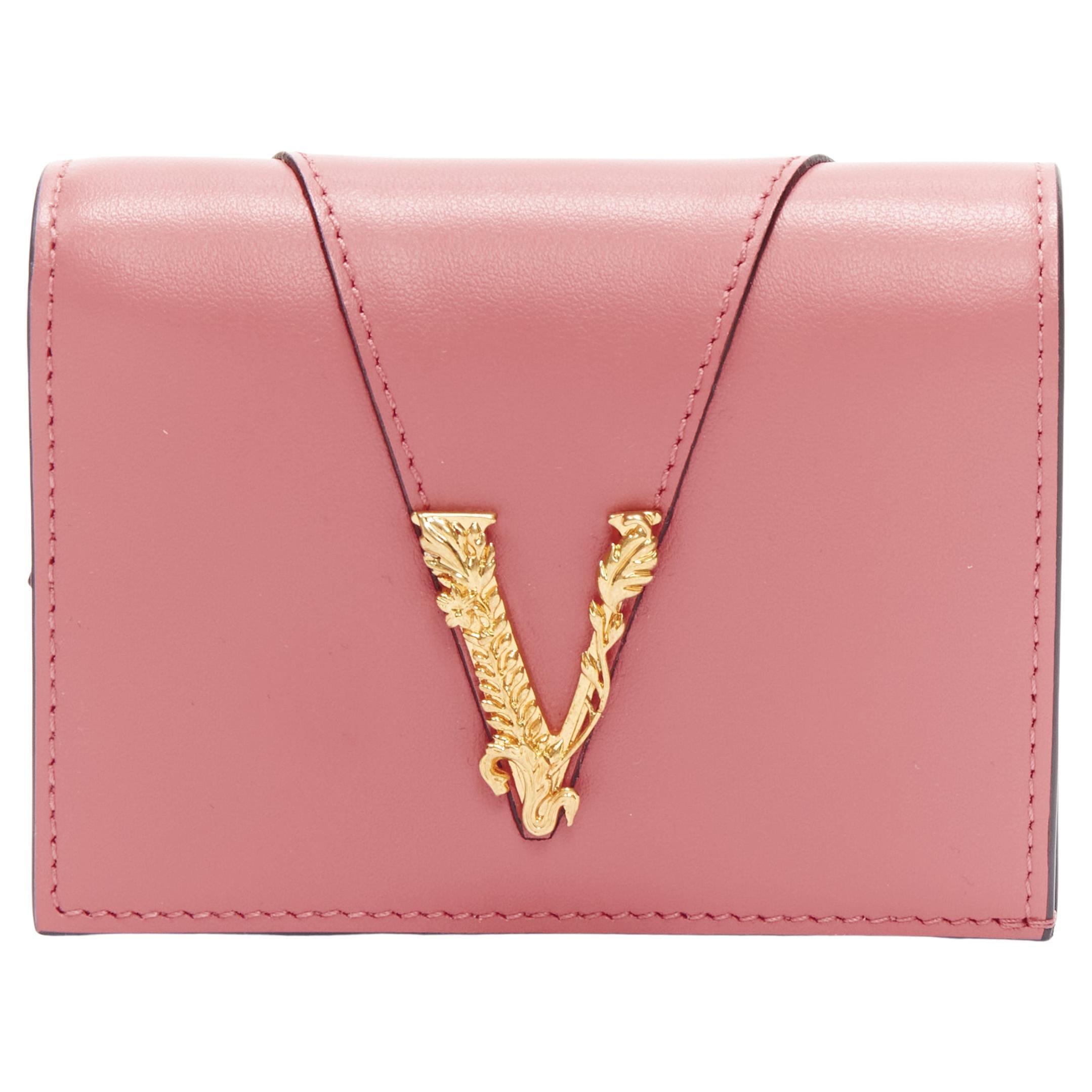 new VERSACE Virtus V pink leather zip bi fold cardholder short wallet