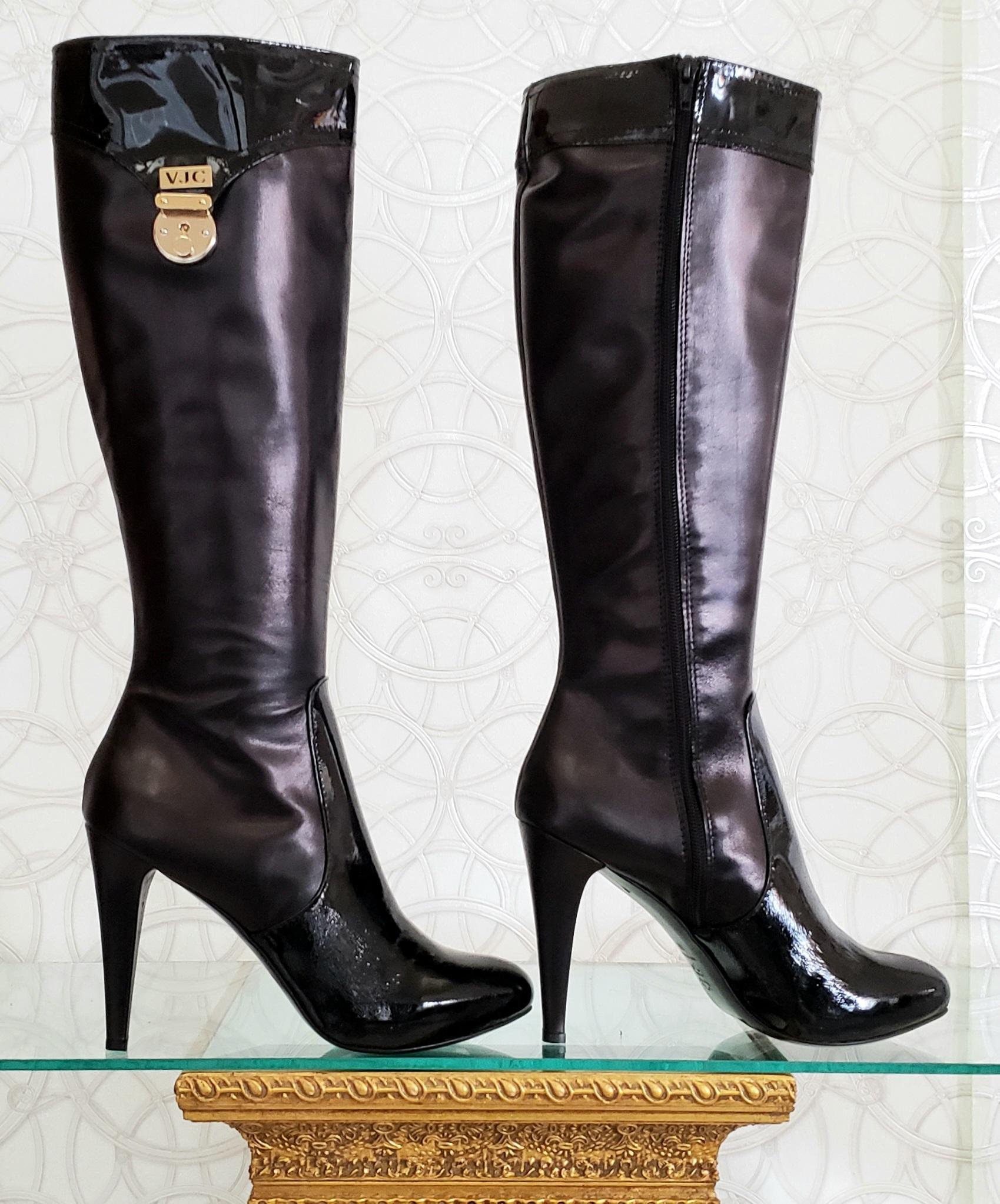 Black NEW VERSACE VJC BLACK LEATHER BOOTS with PATENT LEATHER INSERTS  39 - 9 For Sale