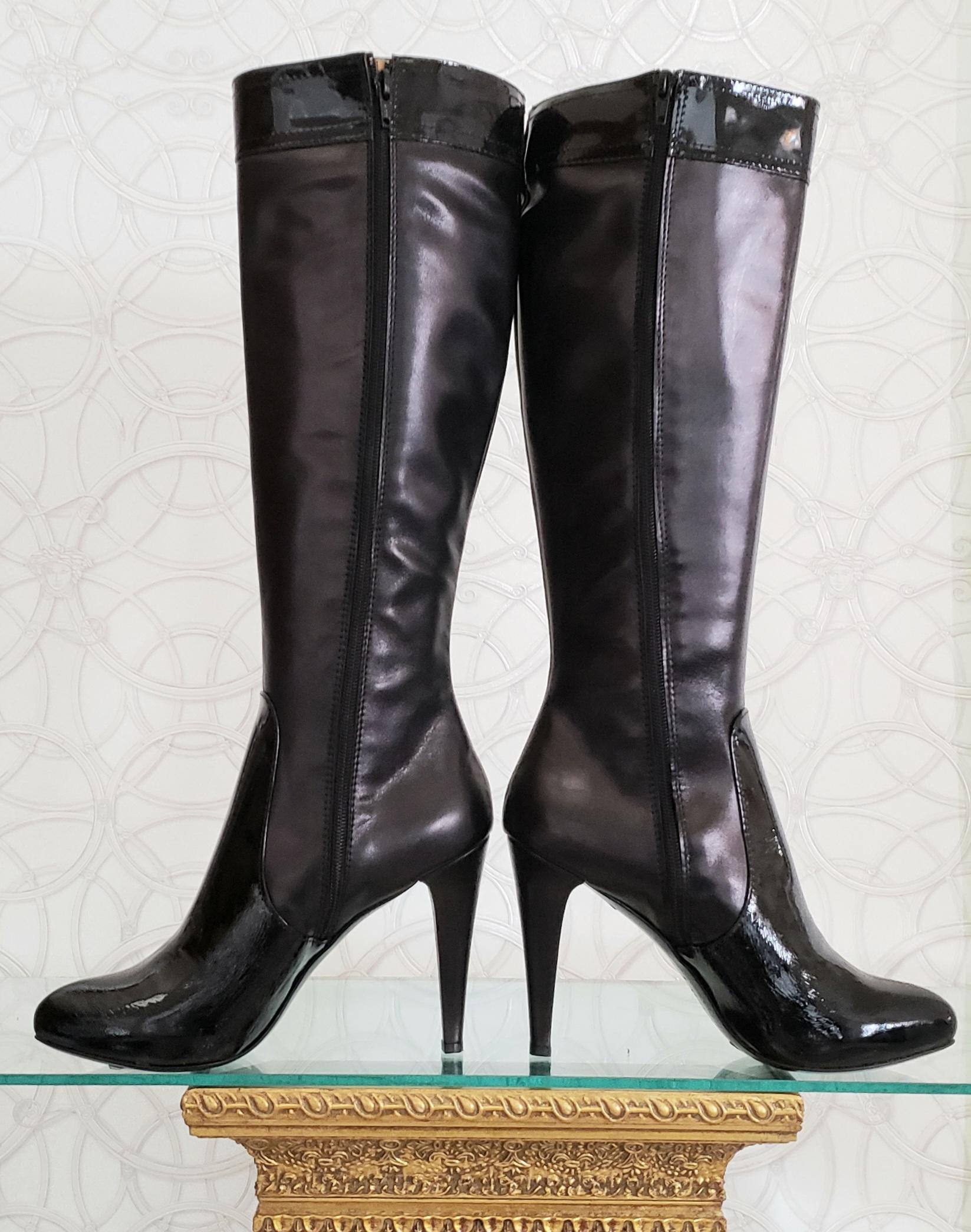 Women's NEW VERSACE VJC BLACK LEATHER BOOTS with PATENT LEATHER INSERTS  39 - 9 For Sale