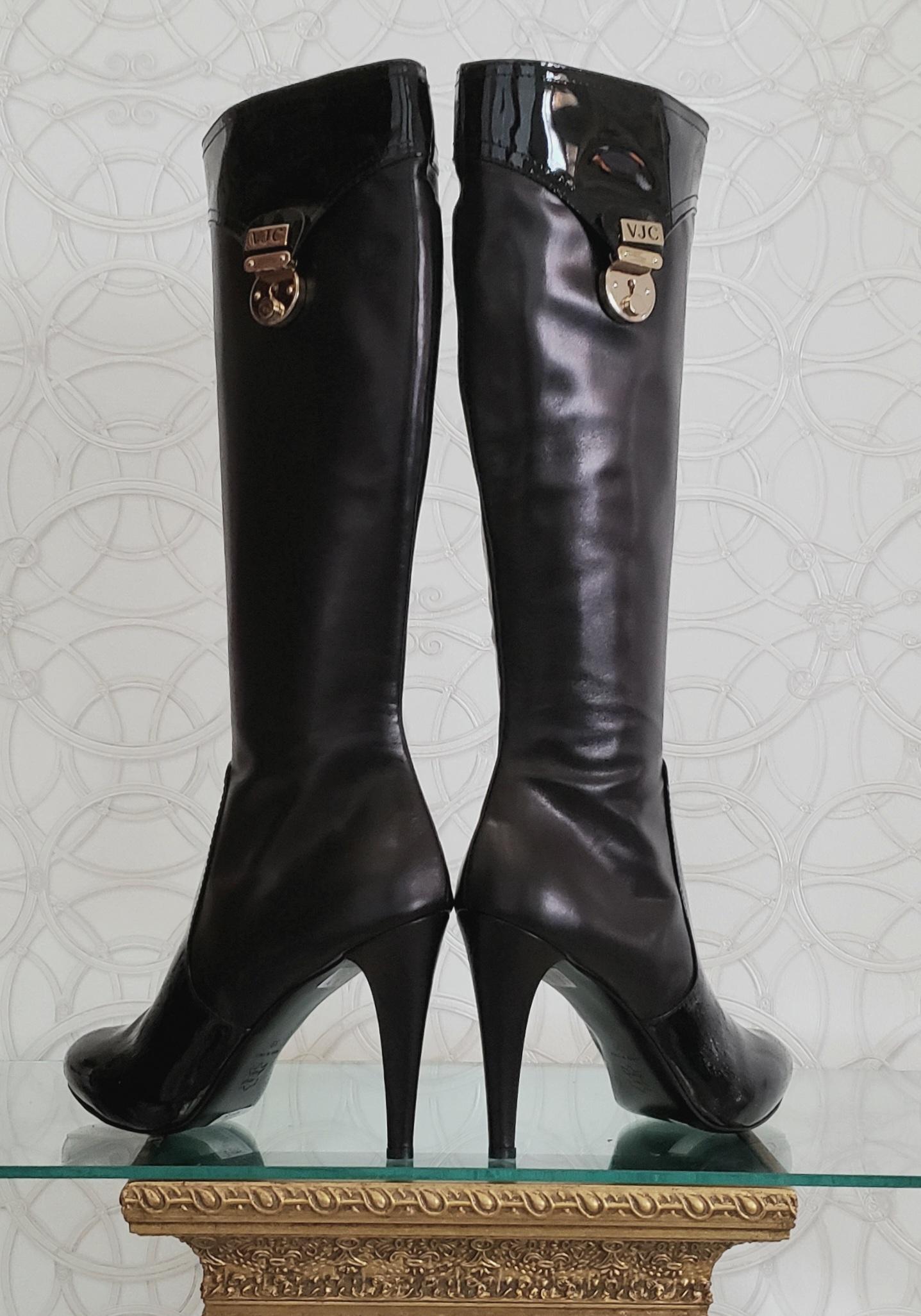 NEW VERSACE VJC BLACK LEATHER BOOTS with PATENT LEATHER INSERTS  39 - 9 For Sale 1