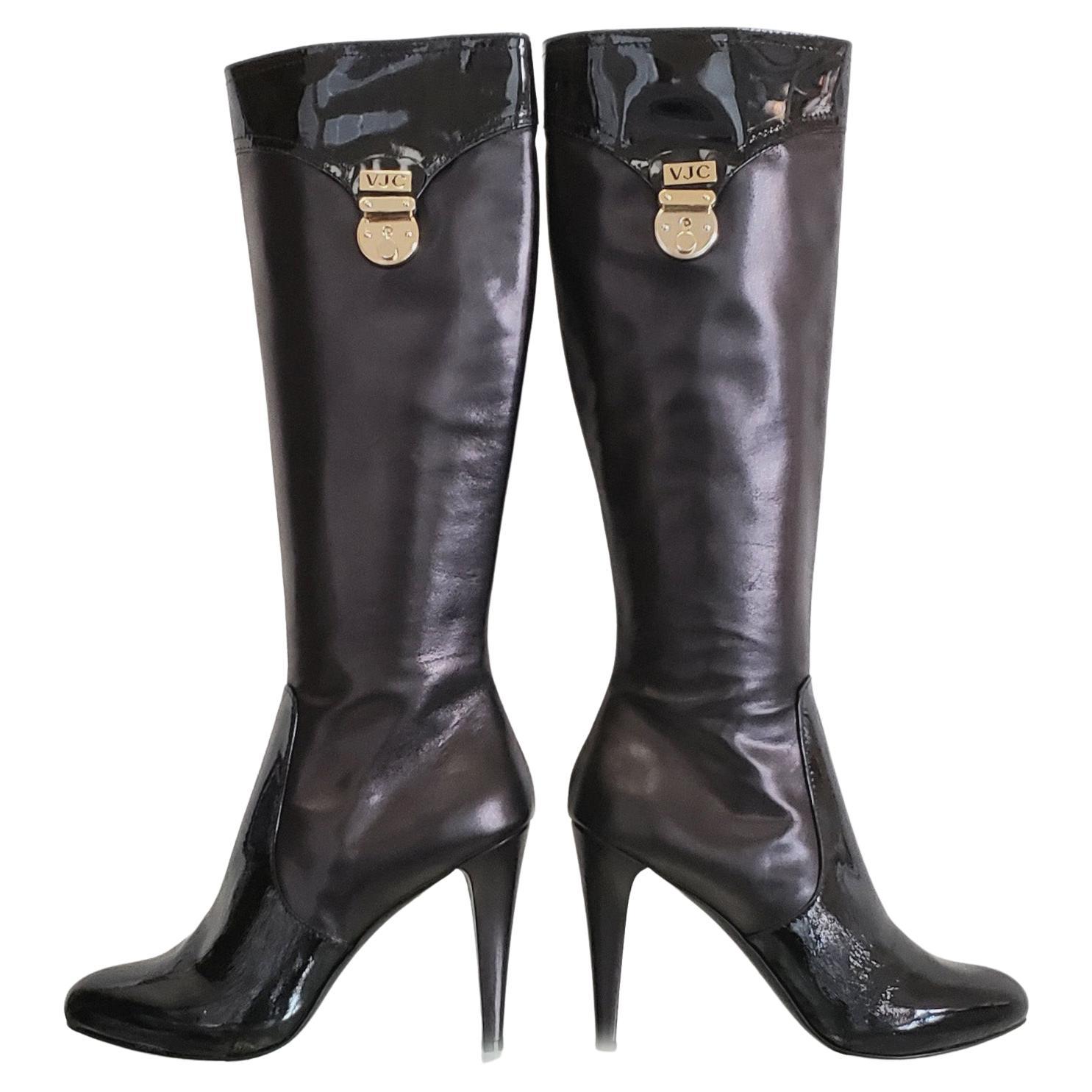 NEW VERSACE VJC BLACK LEATHER BOOTS with PATENT LEATHER INSERTS  39 - 9 For Sale