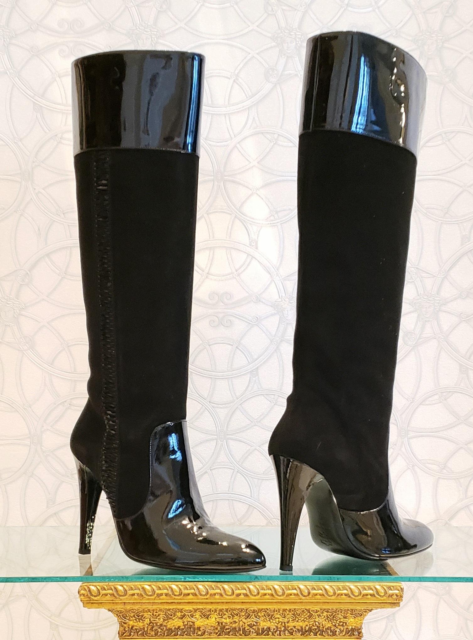 Black NEW VERSACE VJC BLACK SUEDE BOOTS with PATENT LEATHER INSERTS 39 - 9 For Sale