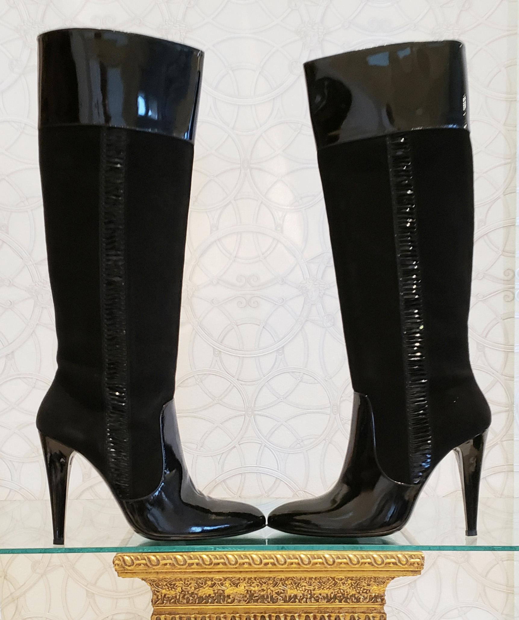 Women's NEW VERSACE VJC BLACK SUEDE BOOTS with PATENT LEATHER INSERTS 39 - 9 For Sale