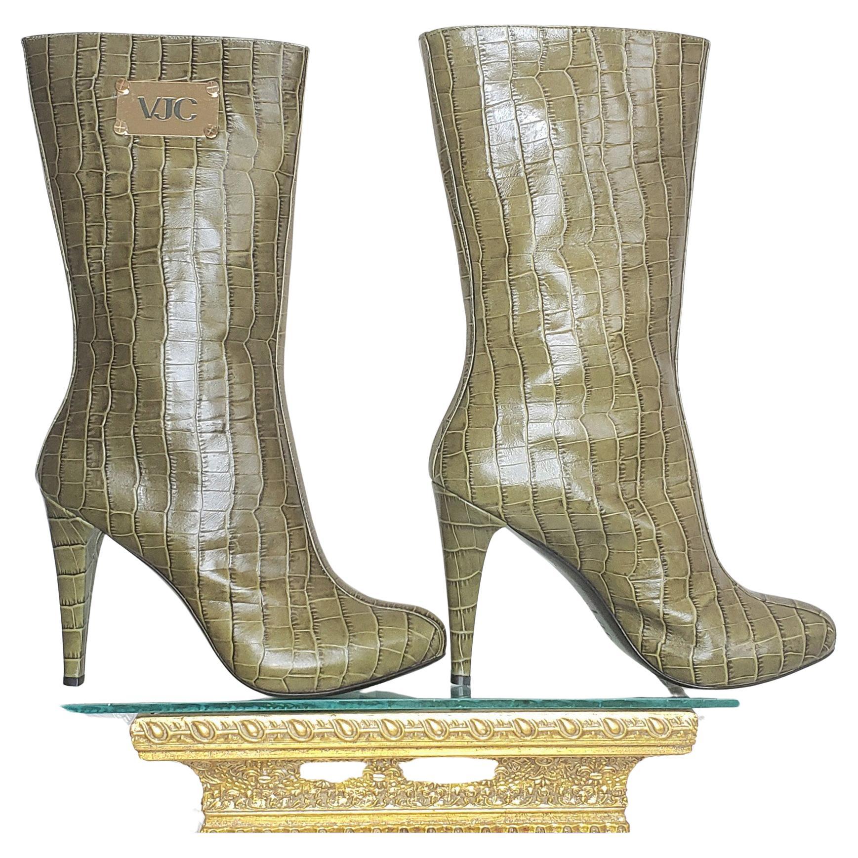 New VERSACE VJC GREEN CROC PRINT LEATHER BOOTS 39 - 9 For Sale