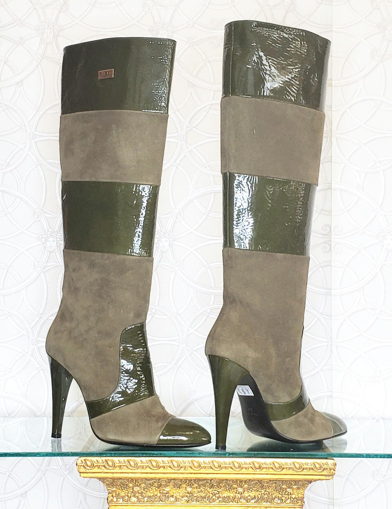 Gray New VERSACE VJC GREEN SUEDE and PATENT LEATHER BOOTS 39 - 9 For Sale