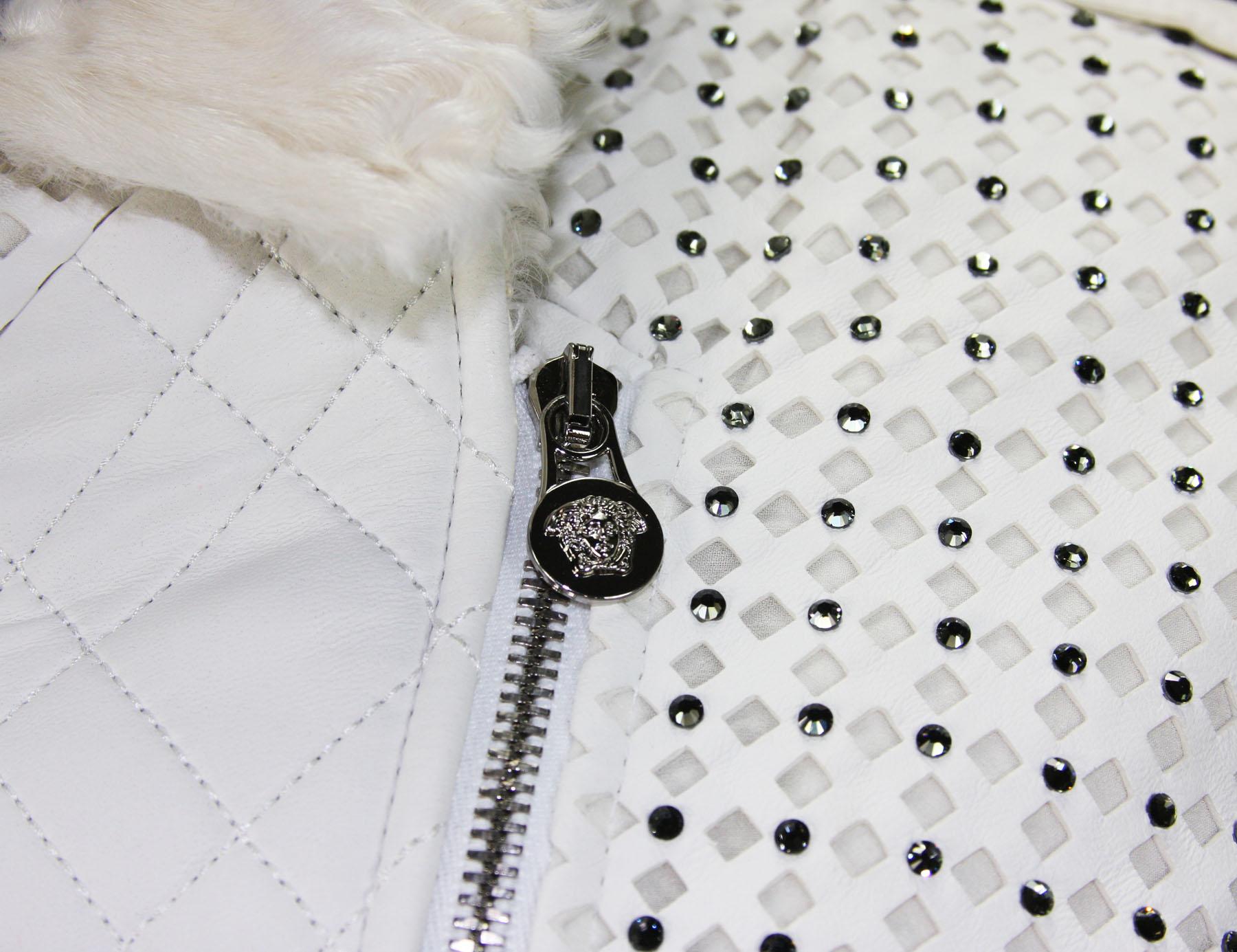 New Versace White Leather Fur Collar Beaded Down Jacket w/ Swarovski Crystals 42 For Sale 8