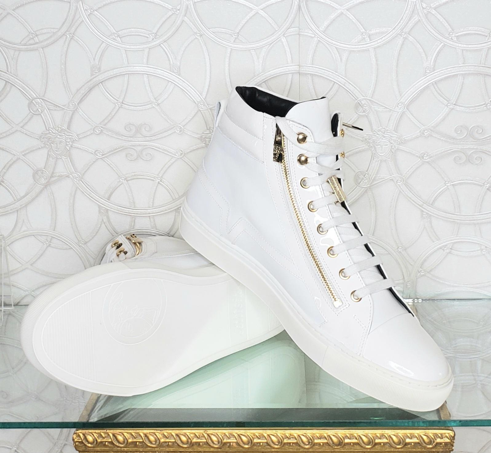 Gray NEW VERSACE WHITE LEATHER SNEAKERS w/ GOLD TONE ZIPPERS 44 - 11
