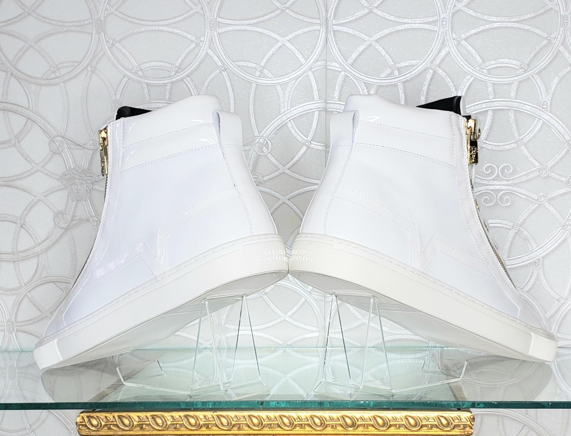 NEW VERSACE WHITE LEATHER SNEAKERS w/ GOLD TONE ZIPPERS 44 - 11 1
