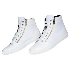 NEW VERSACE WHITE LEATHER SNEAKERS w/ GOLD TONE ZIPPERS 44 - 11