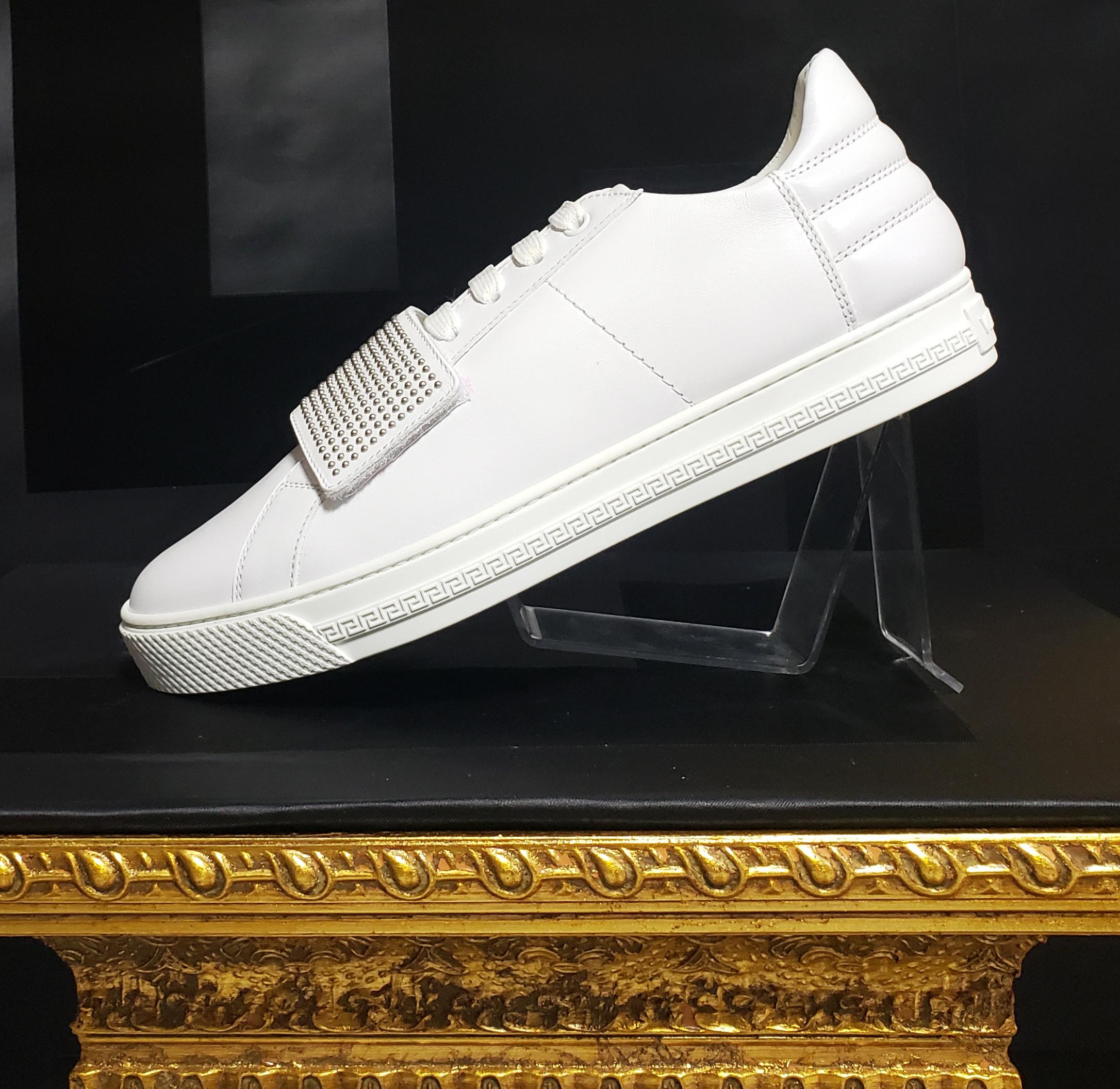 NEW VERSACE WHITE LEATHER SNEAKERS with a STUDDED BUCKLE 40 - 7 1