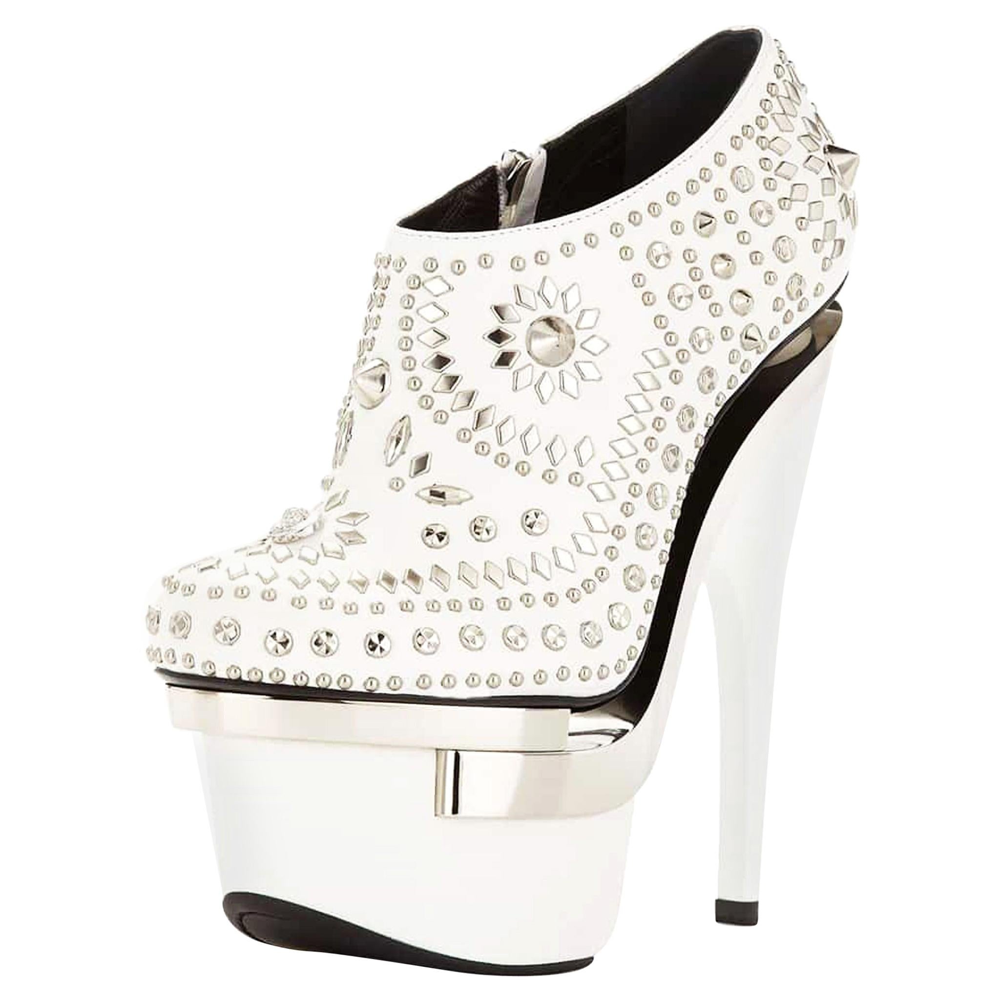 New Versace White Leather Studded Triple Platform Ankle Boots Booties 37 and 40 For Sale