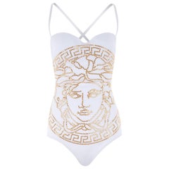 Nouveau Maillot de bain une pièce Versace blanc avec Medusa clouté d'or Taille 2