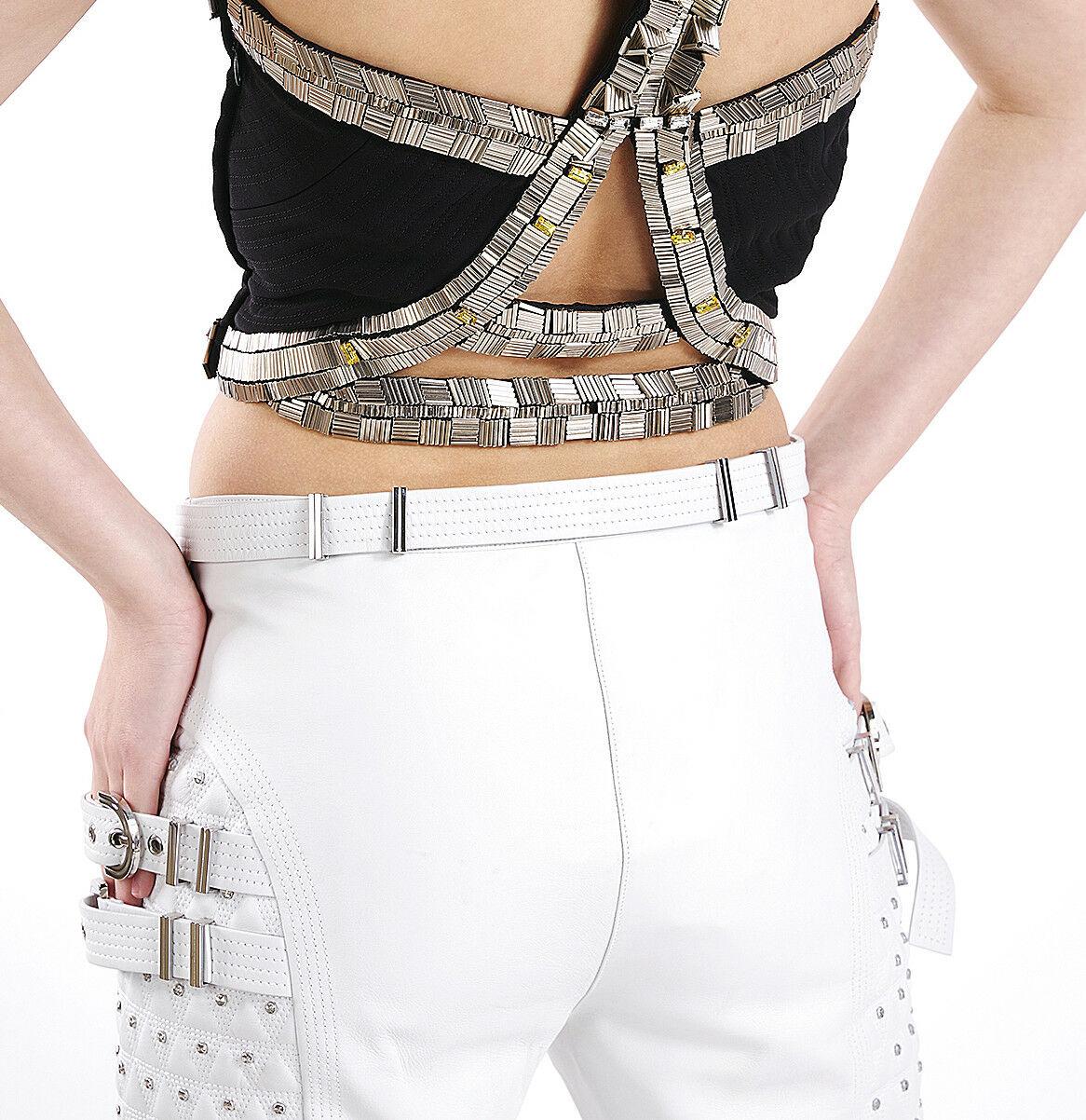 Gray F/W 2013 L# 37 VERSACE WHITE STUDDED LEATHER MOTO PANTS size 38, 40, 42, 44 For Sale