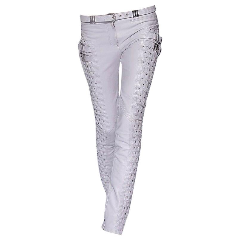 F/W 2013 L# 37 VERSACE WHITE STUDDED LEATHER MOTO PANTS size 38, 40, 42, 44 For Sale