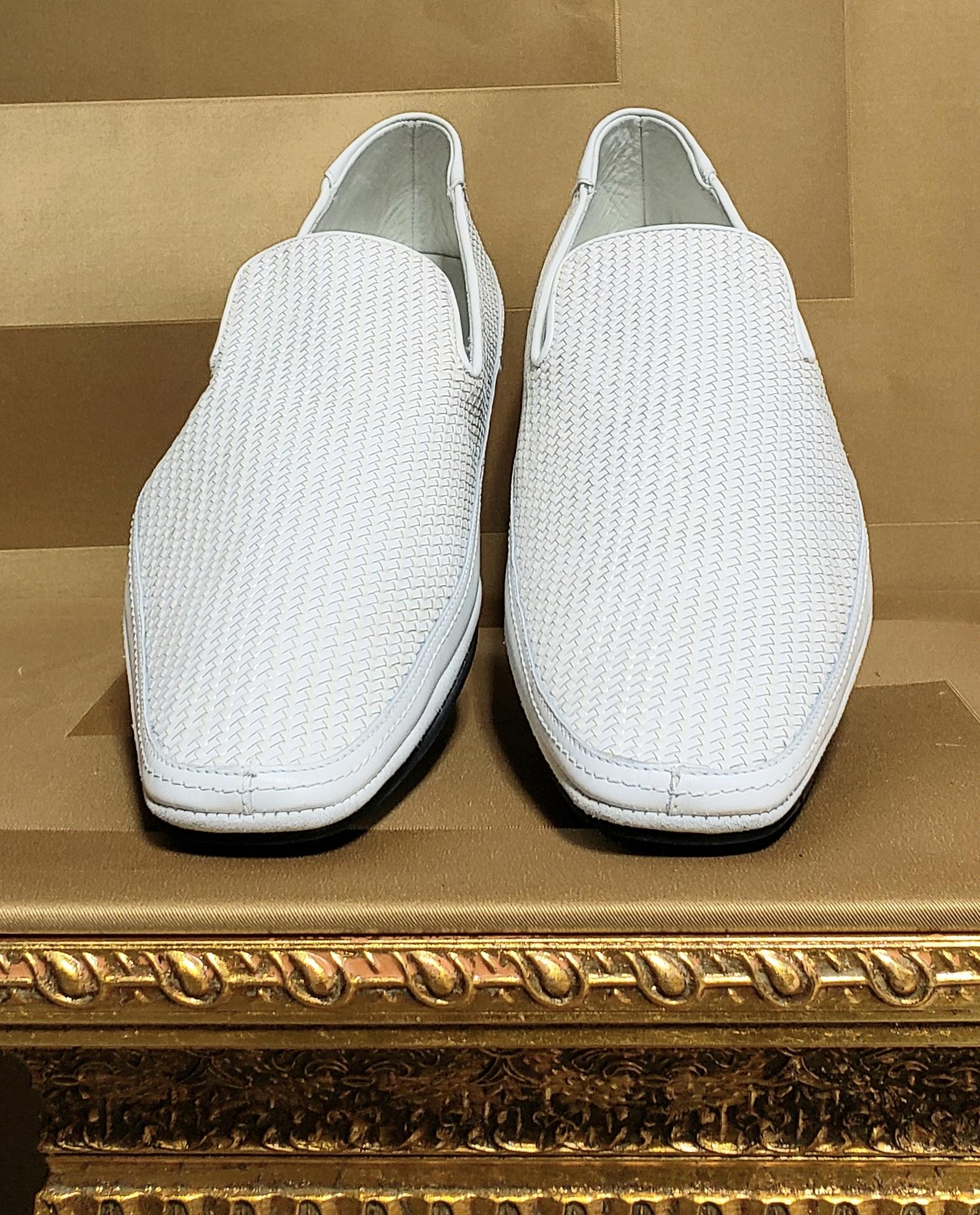 Gray NEW VERSACE WHITE WOVEN LEATHER DRIVER Shoes Sz  44.5 - 11.5, 45 - 12 For Sale