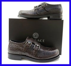 NEW VERSACE WINGTIP DOUBLE MONKSTRAP SHOES IN BROWN CROCODILE PRINT Size 42.5