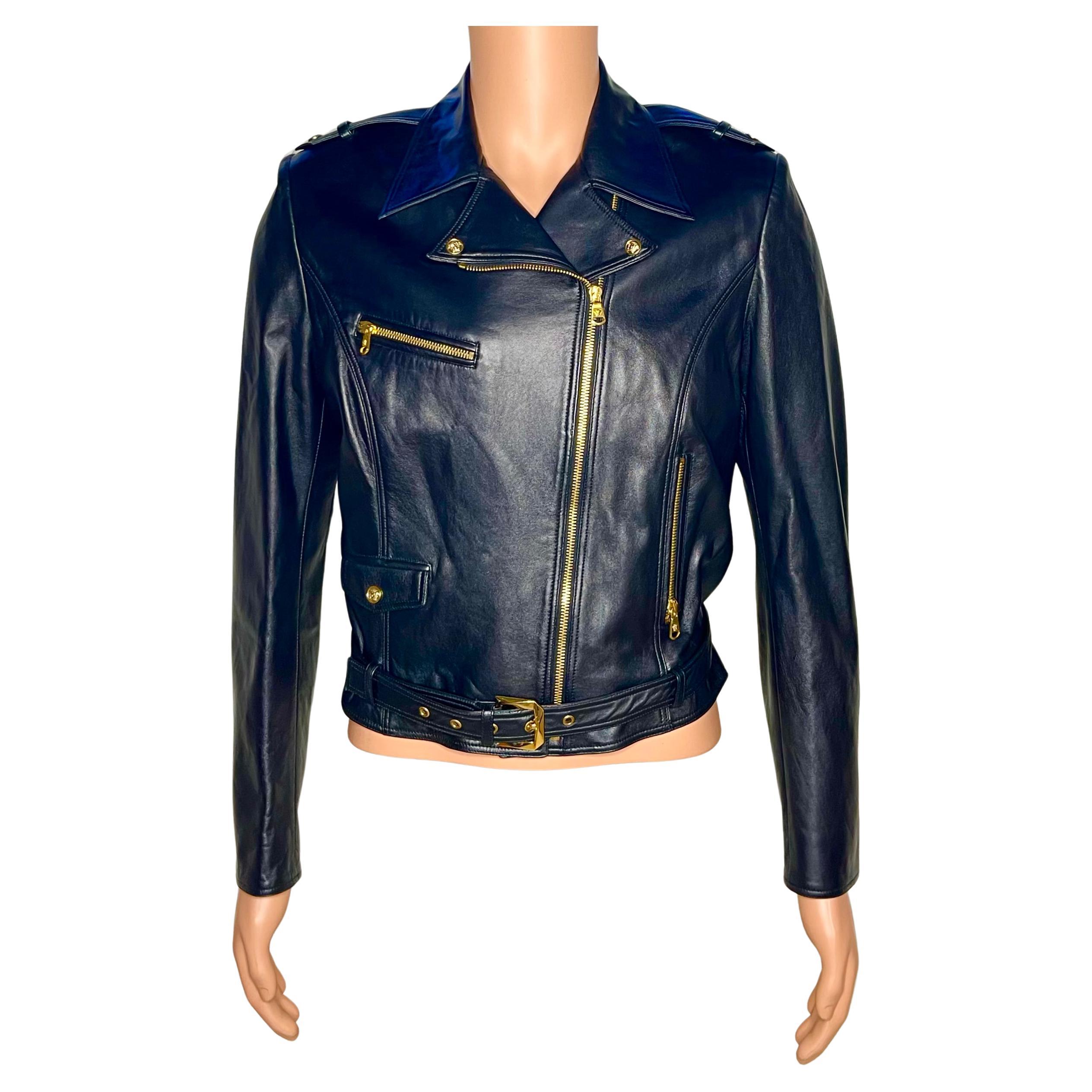 NEW VERSACE WOMEN'S BLACK LEATHER BIKER JACKET Sz IT 50 - US 14 For Sale