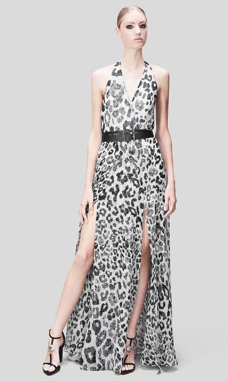 New Versus by Versace Silk Leopard Print Long Halter Dress Sexy High Slits It 38 For Sale 2