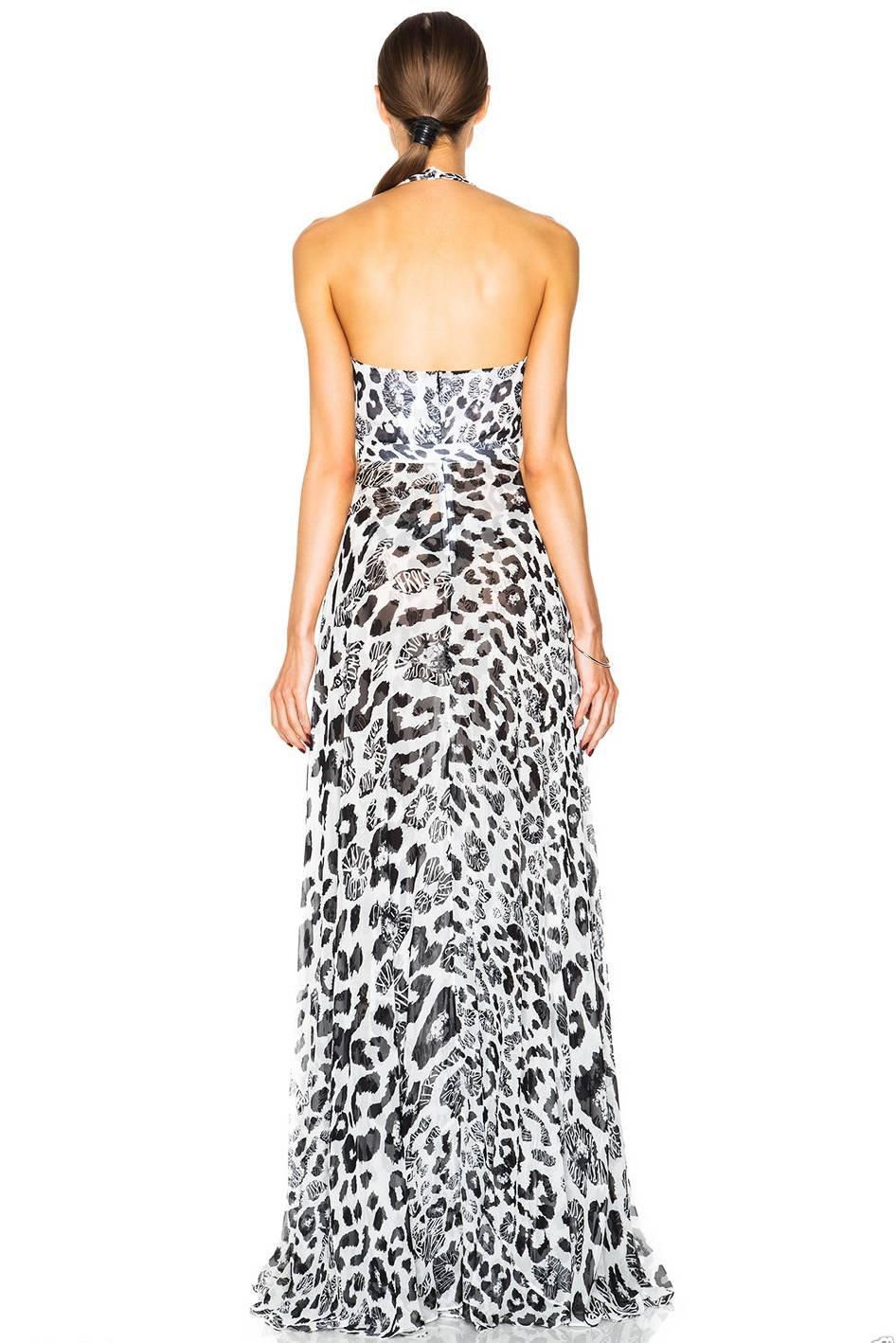 Gray New Versus by Versace Silk Leopard Print Long Halter Dress Sexy High Slits It 38 For Sale