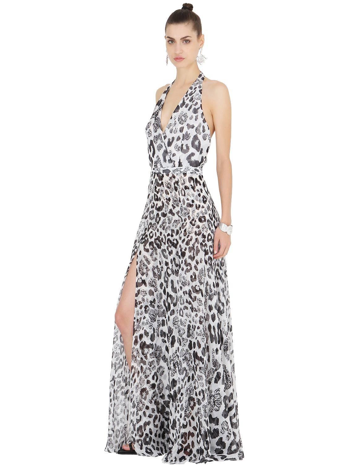 New Versus by Versace Silk Leopard Print Long Halter Dress Sexy High Slits It 38 In New Condition For Sale In Montgomery, TX