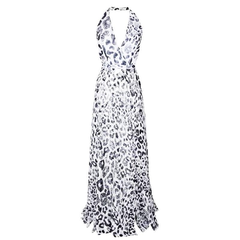New Versus by Versace Silk Leopard Print Long Halter Dress Sexy High Slits It 38 For Sale