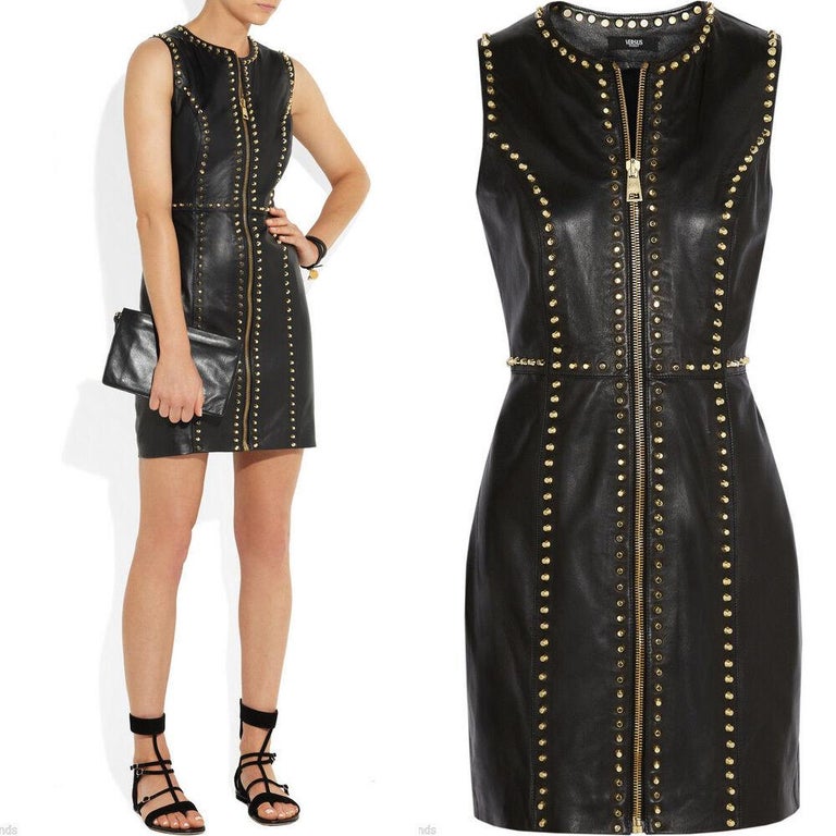 New VERSUS VERSACE STUDDED BLACK LEATHER MINI DRESS 40 at